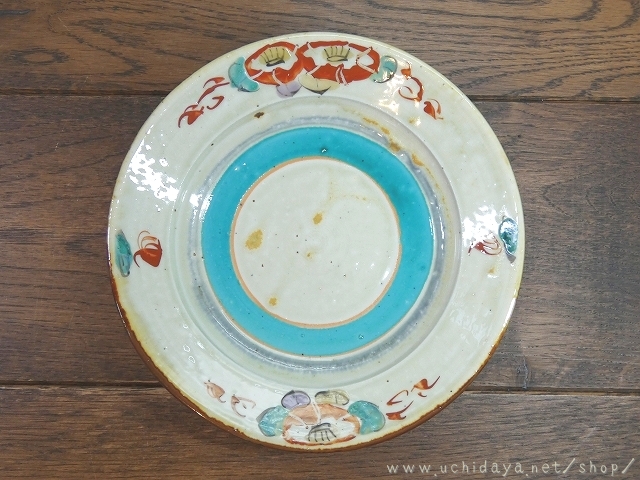 砥部焼　中田窯　5寸リム皿　灰釉椿 