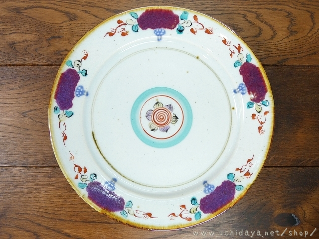 砥部焼　中田窯　8寸リム皿　加彩鶏頭