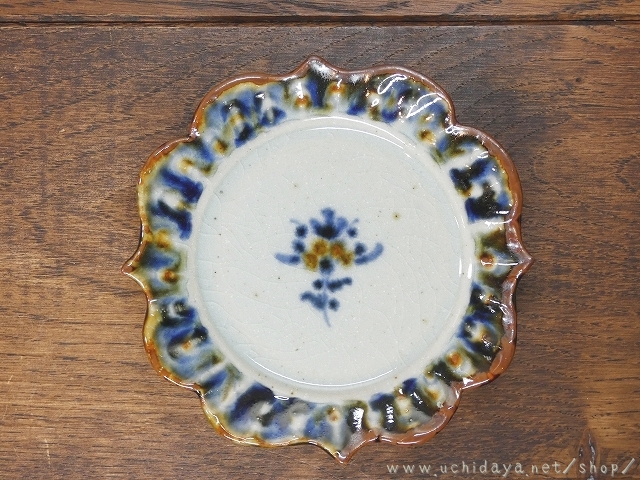 砥部焼　陶房遊　3寸輪花皿　錆青