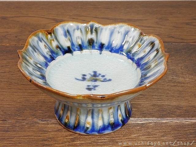 砥部焼　陶房遊　足付鉢　豆　錆青